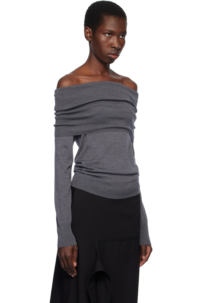 Lightweight knit RWS-certified virgin wool sweater.

· Off-the-shoulder construction
· Rib-knit foldover neck, hem, and cuffs

Made from cruelty-free materials.

Supplier color: Dark grey melange
