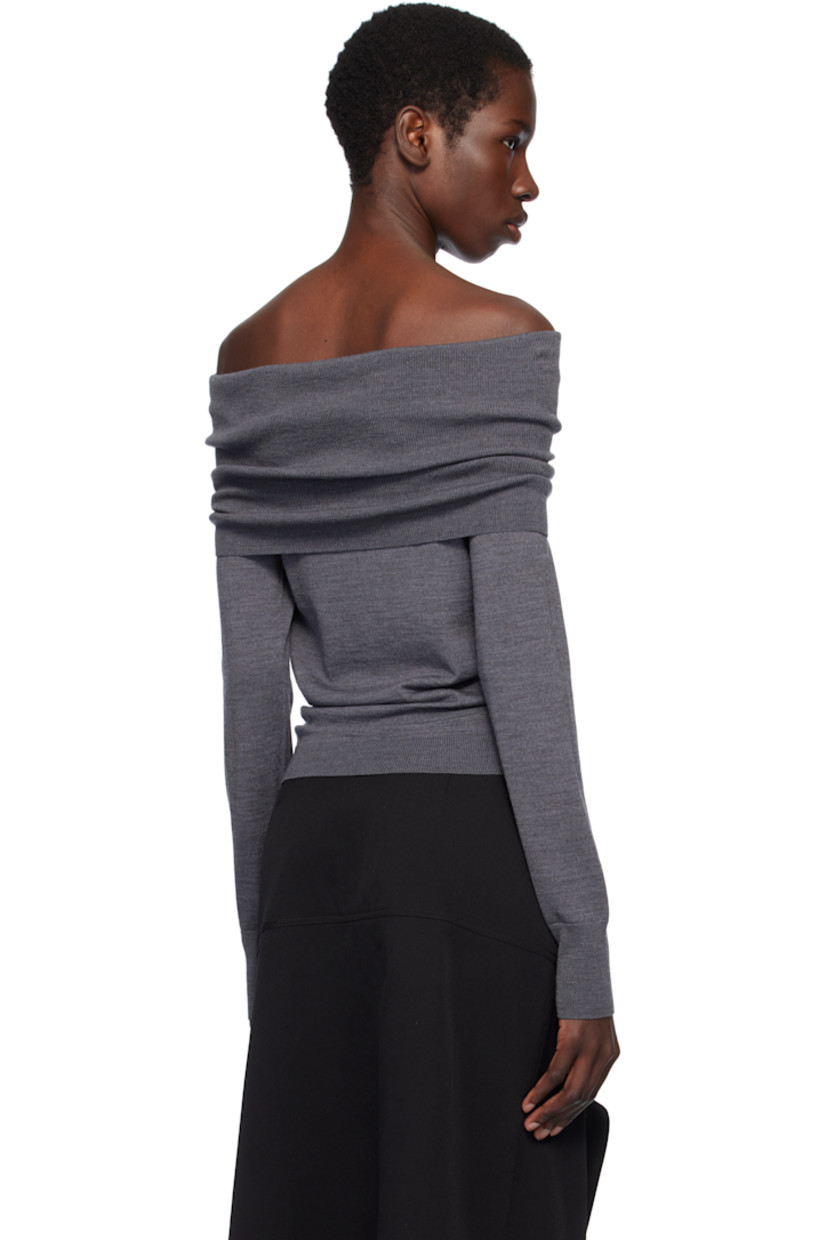 Lightweight knit RWS-certified virgin wool sweater.

· Off-the-shoulder construction
· Rib-knit foldover neck, hem, and cuffs

Made from cruelty-free materials.

Supplier color: Dark grey melange