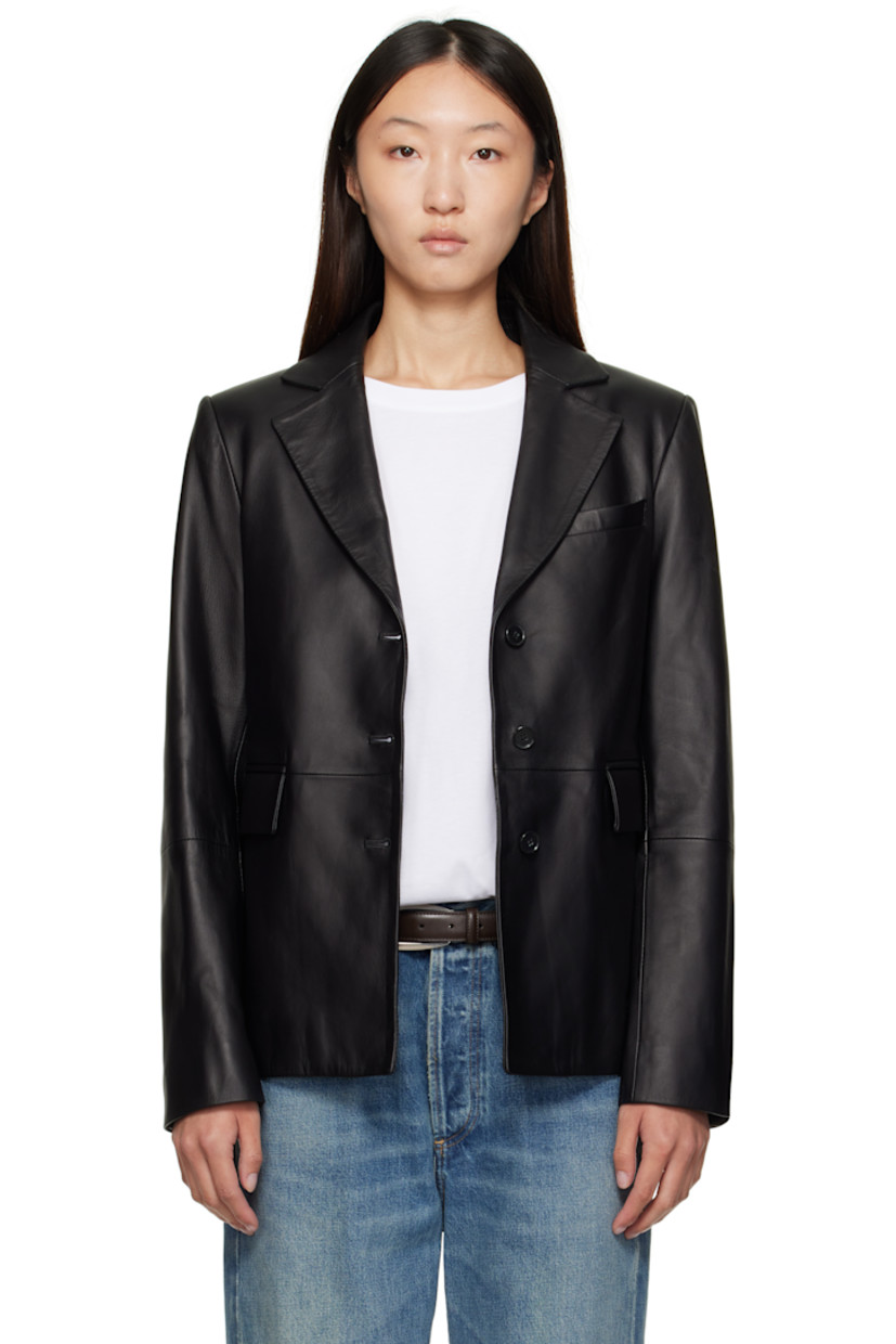 Buffed lambskin jacket.

· LWG-certified
· Paneled construction
· Notched lapel
· Button closure
· Welt pocket at chest
· Flap pockets at waist
· Buttoned surgeon's cuffs
· Central vent at back hem
· Viscose twill lining

Supplier color: Black