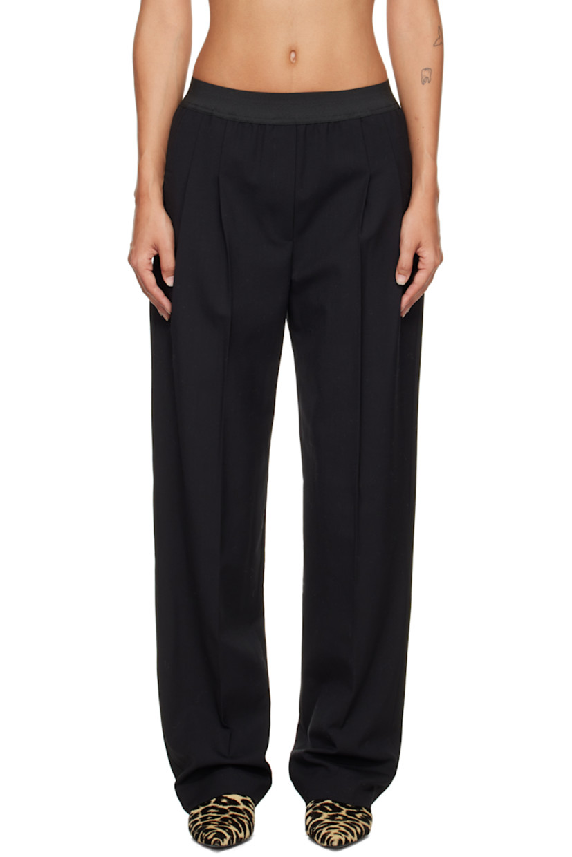 Stretch virgin wool grain de poudre trousers.

· OEKO-TEX® STANDARD 100-certified
· Straight-leg
· Elasticized waistband
· Four-pocket styling
· Pleats at front
· Creased legs

Supplier color: Black
