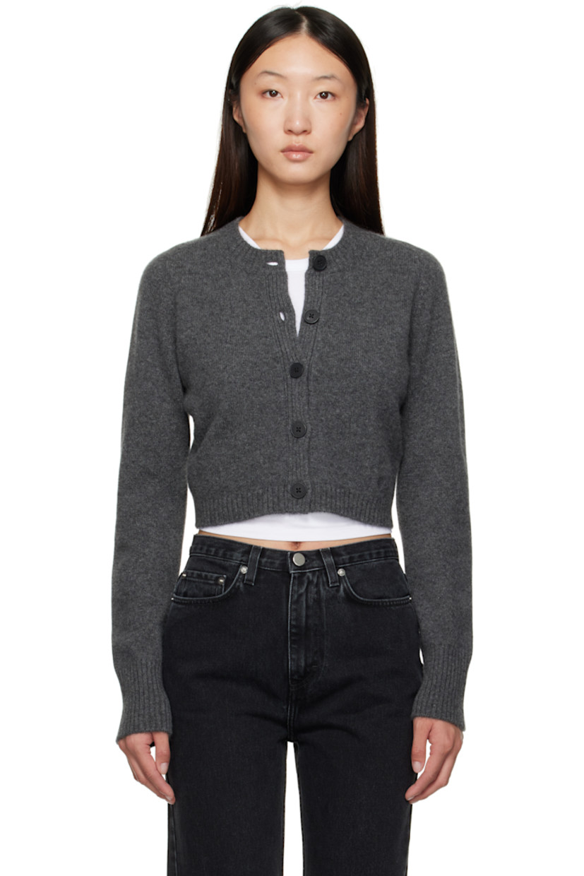 Knit cashmere cardigan.

· OEKO-TEX® STANDARD 100-certified
· Rib-knit crewneck, placket, hem, and cuffs
· Button closure
· Logo embroidered at front hem
· Cropped hem
· Saddle shoulders

Supplier color: Anthracite melange