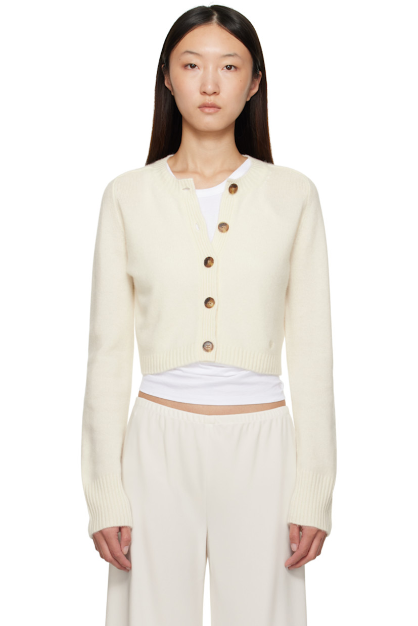 Knit cashmere cardigan.

· OEKO-TEX® STANDARD 100-certified
· Rib-knit crewneck, placket, hem, and cuffs
· Button closure
· Logo embroidered at front hem
· Cropped hem
· Saddle shoulders

Supplier color: Ivory