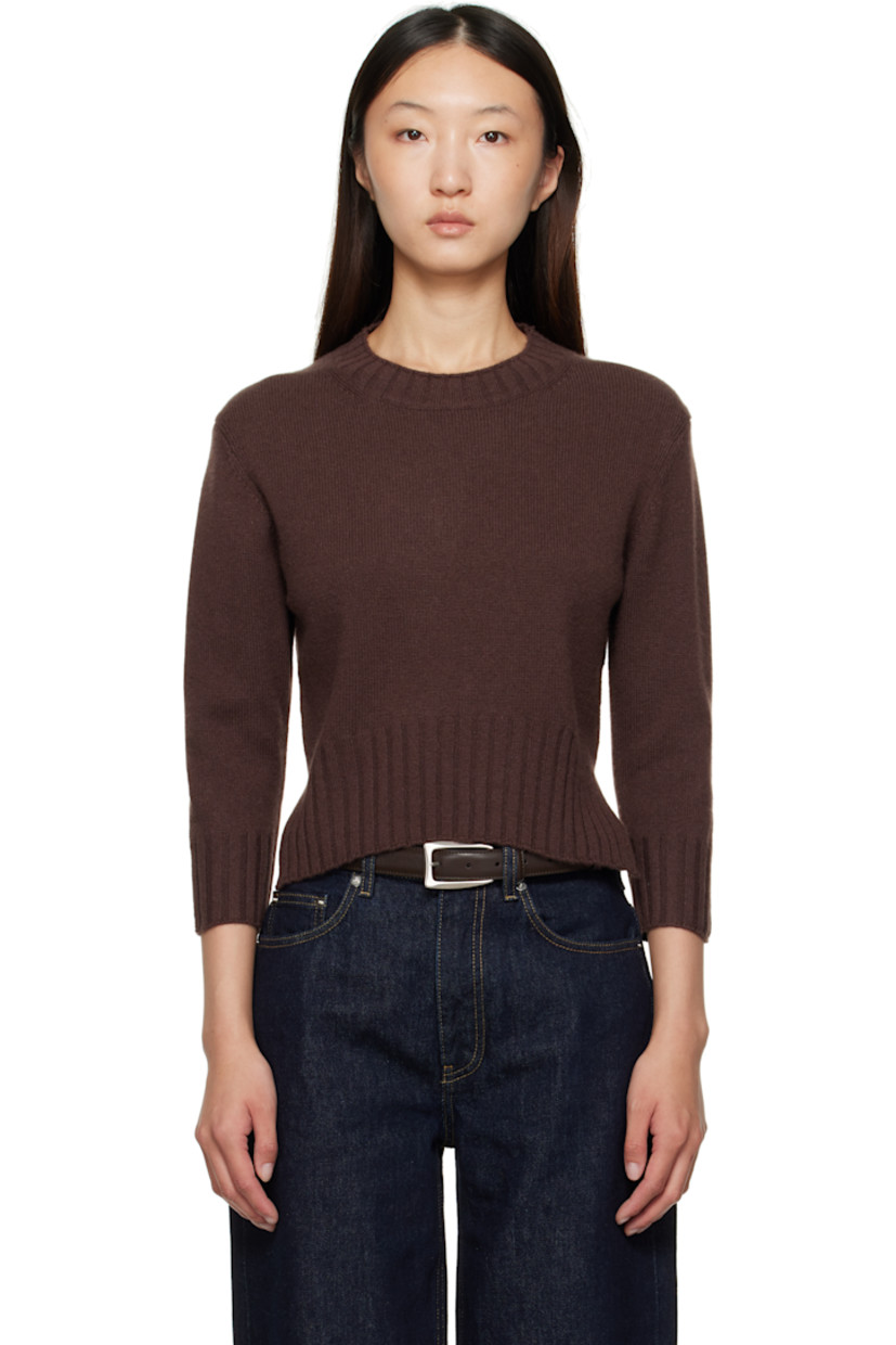 Knit cashmere sweater.

· OEKO-TEX® STANDARD 100-certified
· Rib-knit crewneck, hem, and cuffs
· Logo embroidered at front hem
· Vents at cropped hem
· Dropped shoulders

Supplier color: Brown