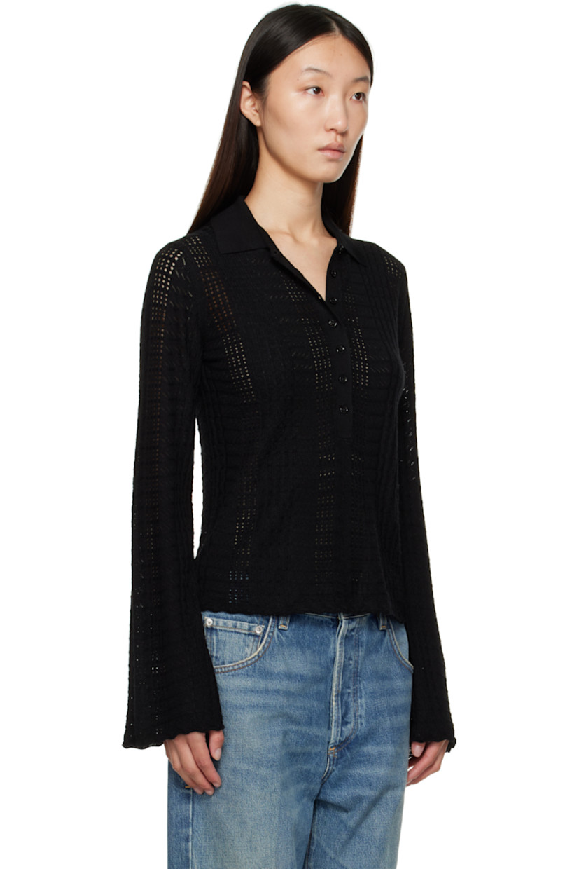 Pointelle-knit stretch wool- and cashmere-blend polo.

· OEKO-TEX® STANDARD 100-certified
· Semi-sheer
· Spread collar
· Seven-button placket
· Scalloped edge at hem and cuffs

Supplier color: Black