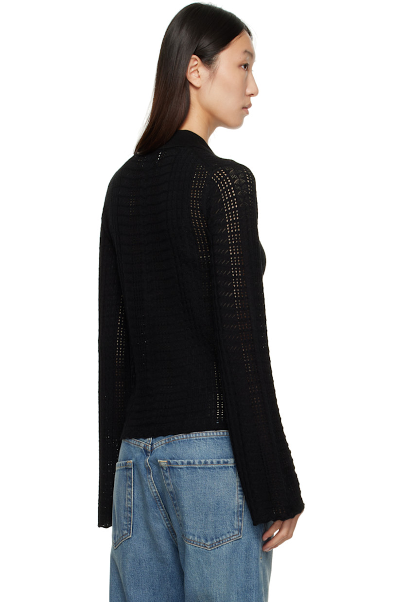 Pointelle-knit stretch wool- and cashmere-blend polo.

· OEKO-TEX® STANDARD 100-certified
· Semi-sheer
· Spread collar
· Seven-button placket
· Scalloped edge at hem and cuffs

Supplier color: Black