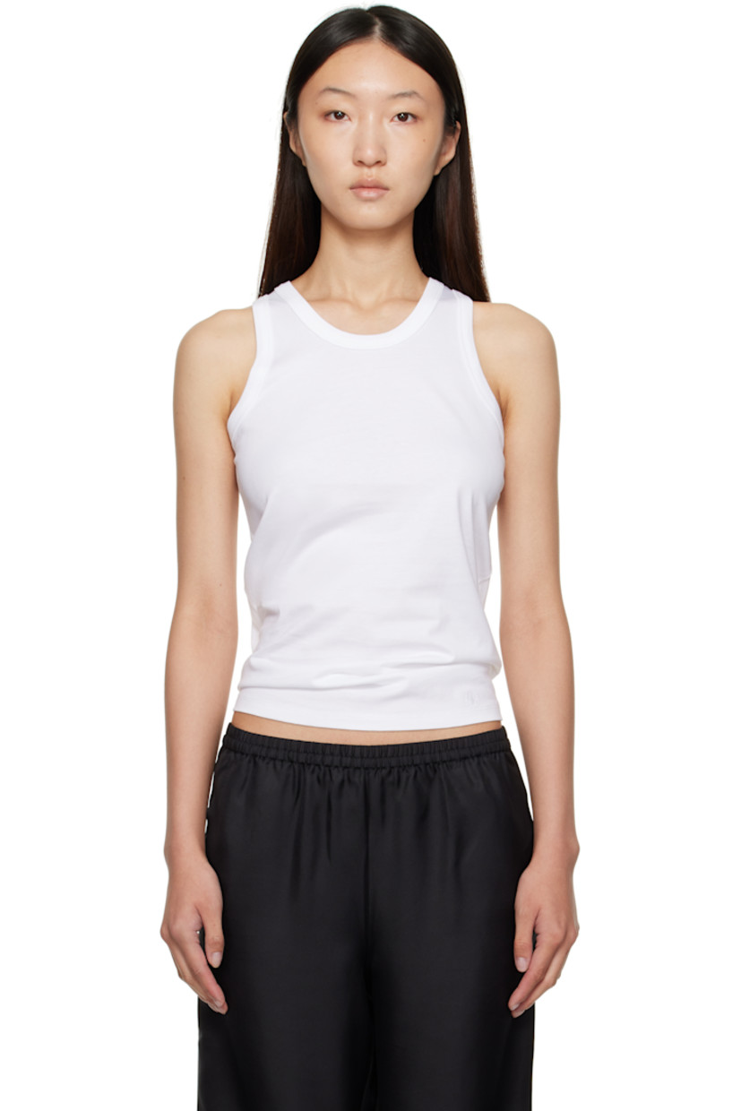 Organic supima cotton jersey tank top.

· GOTS-certified organic cotton
· Lightweight
· Rib-knit crewneck and armscyes
· Logo embroidered at front hem

Supplier color: White