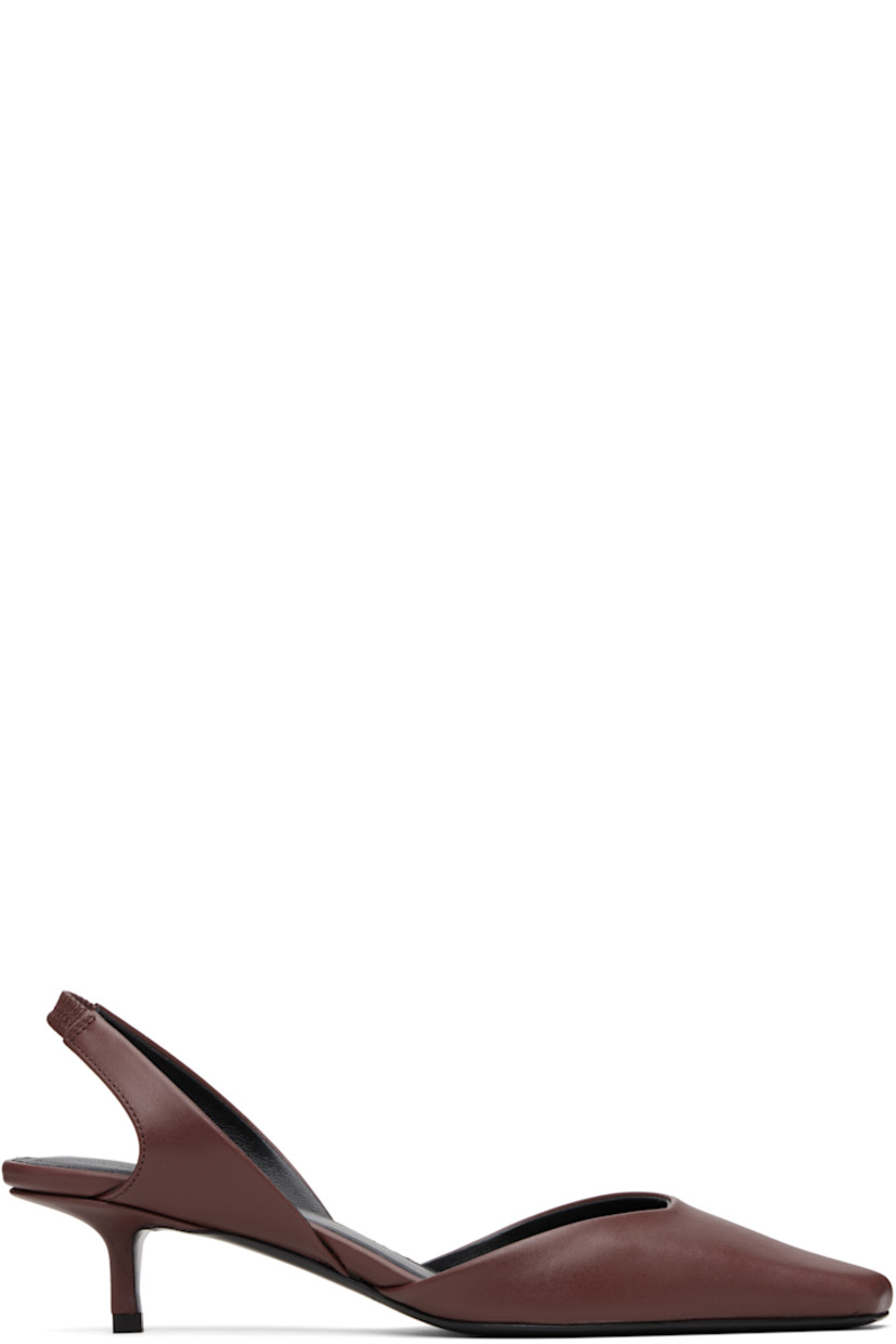 Buffed calfskin heels.

· Square toe
· Elasticized slingback strap
· Logo embossed at padded footbed
· Covered kitten heel with rubber injection
· Leather sole
· Heel: H1.5"

Supplier color: Burgundy