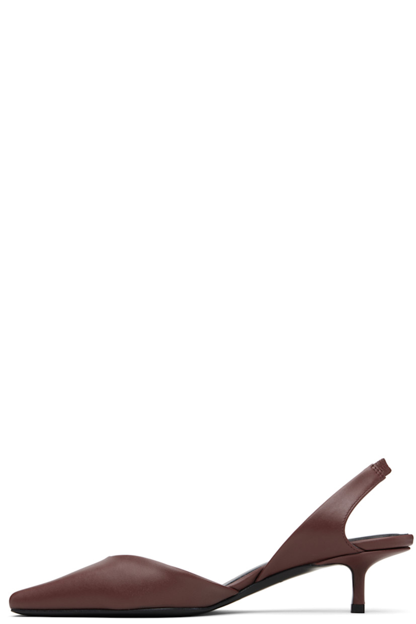 Buffed calfskin heels.

· Square toe
· Elasticized slingback strap
· Logo embossed at padded footbed
· Covered kitten heel with rubber injection
· Leather sole
· Heel: H1.5"

Supplier color: Burgundy