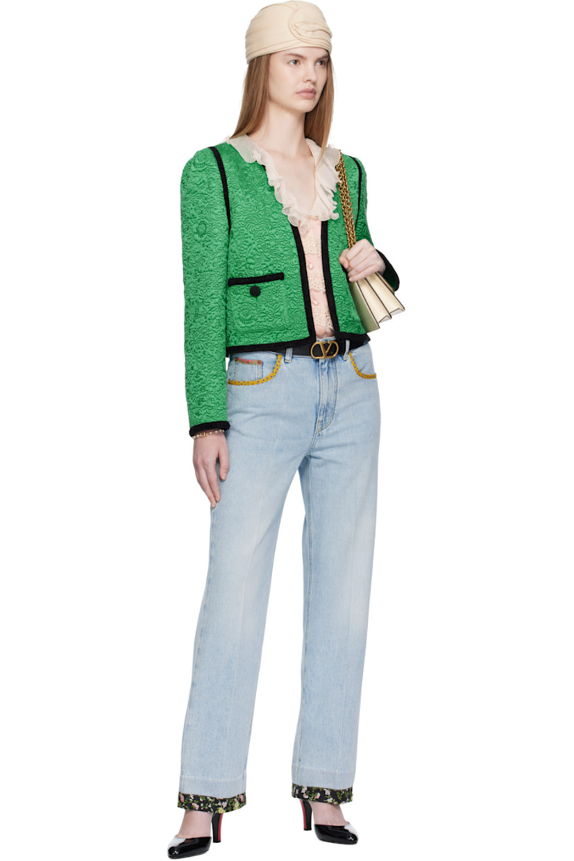 Non-stretch denim jeans.

· Fading and floral-printed trim throughout
· Belt loops
· Five-pocket styling
· Zip fly
· Creased legs
· Leather logo patch at back waistband
· Logo-engraved bronze-tone hardware
· Contrast stitching in yellow

Supplier color: Denim