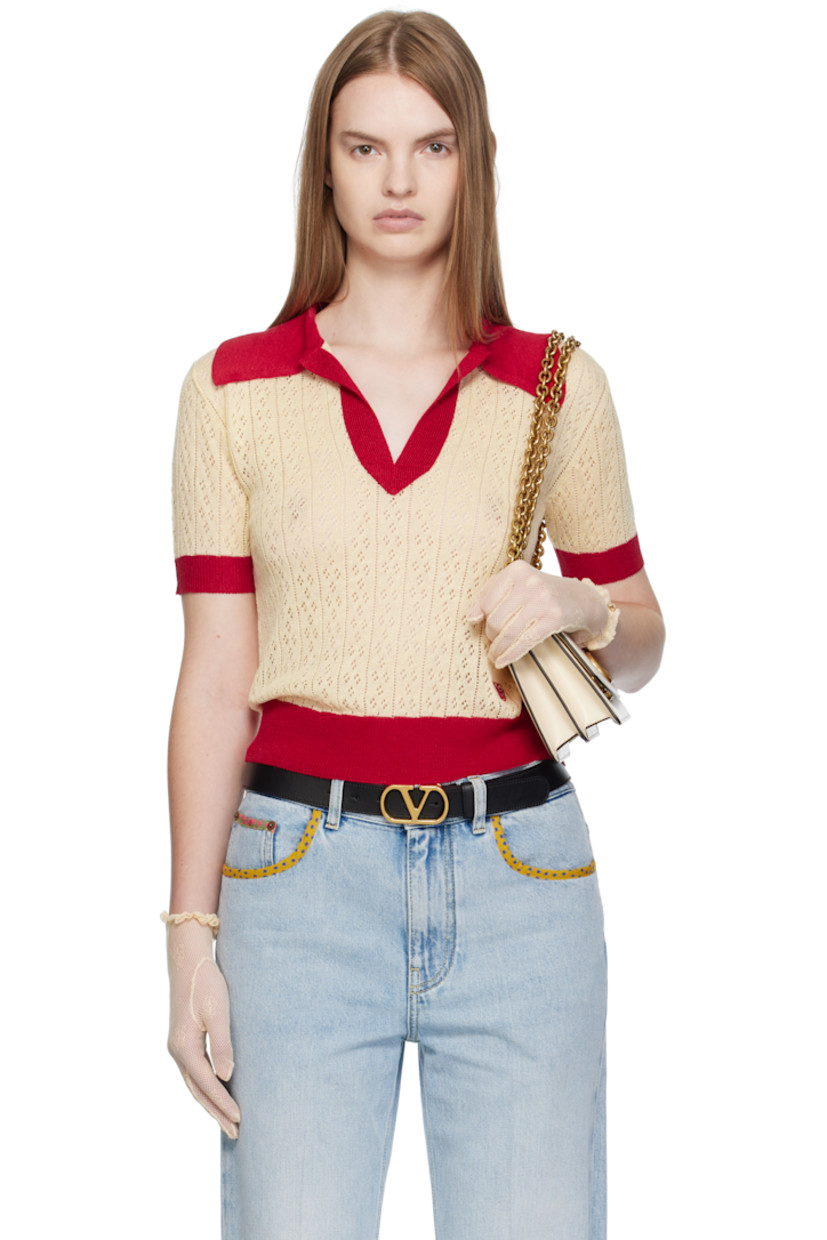 Pointelle-knit flax linen-blend polo. 

· Rib-knit spread collar, hem, and cuffs
· Open placket
· Logo embroidered at front hem

Supplier color: Betulla/Paris