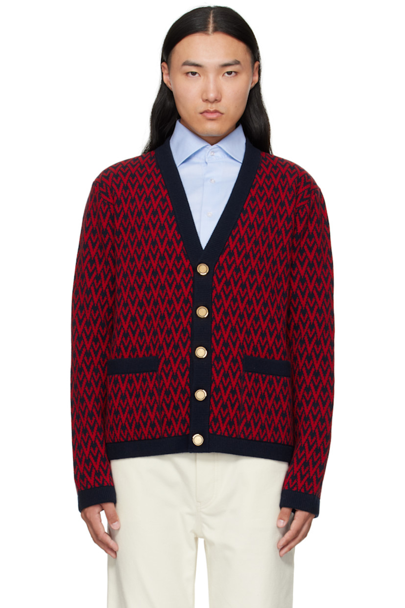 Knit virgin wool cardigan. 

· Jacquard logo pattern and rib-knit trim throughout 
· Y-neck
· Button closure 
· Logo-engraved gold-tone hardware 

Supplier color: Navy/Raspberry