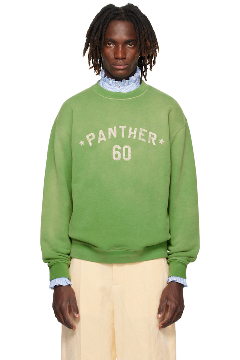 Cotton French terry sweatshirt.

· Fading throughout
· Rib-knit crewneck, hem, and cuffs
· Text printed at chest
· Dropped shoulders
· Logo appliqués at back

Supplier color: Laurel