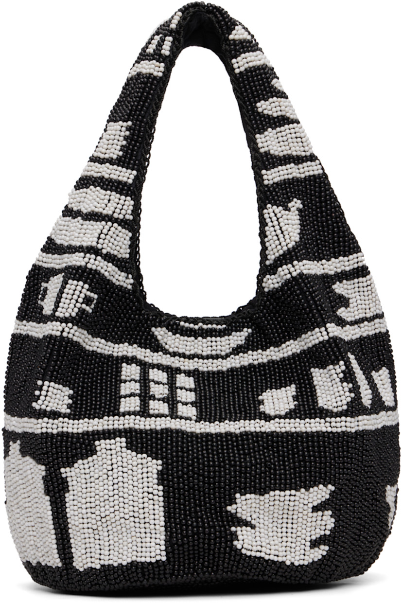 Beaded tote. 

· Graphic pattern throughout
· Integrated carry handles
· Magnetic press-stud closure 
· Cotton twill lining
· H7" x W12" x D8"

Supplier color: Black/White