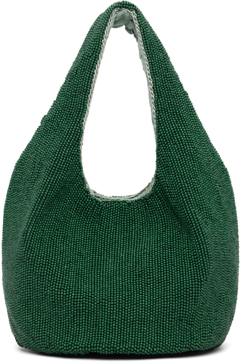 Beaded tote. 

· Integrated carry handles
· Magnetic press-stud closure 
· Cotton twill lining
· H7" x W12" x D8"

Supplier color: Green