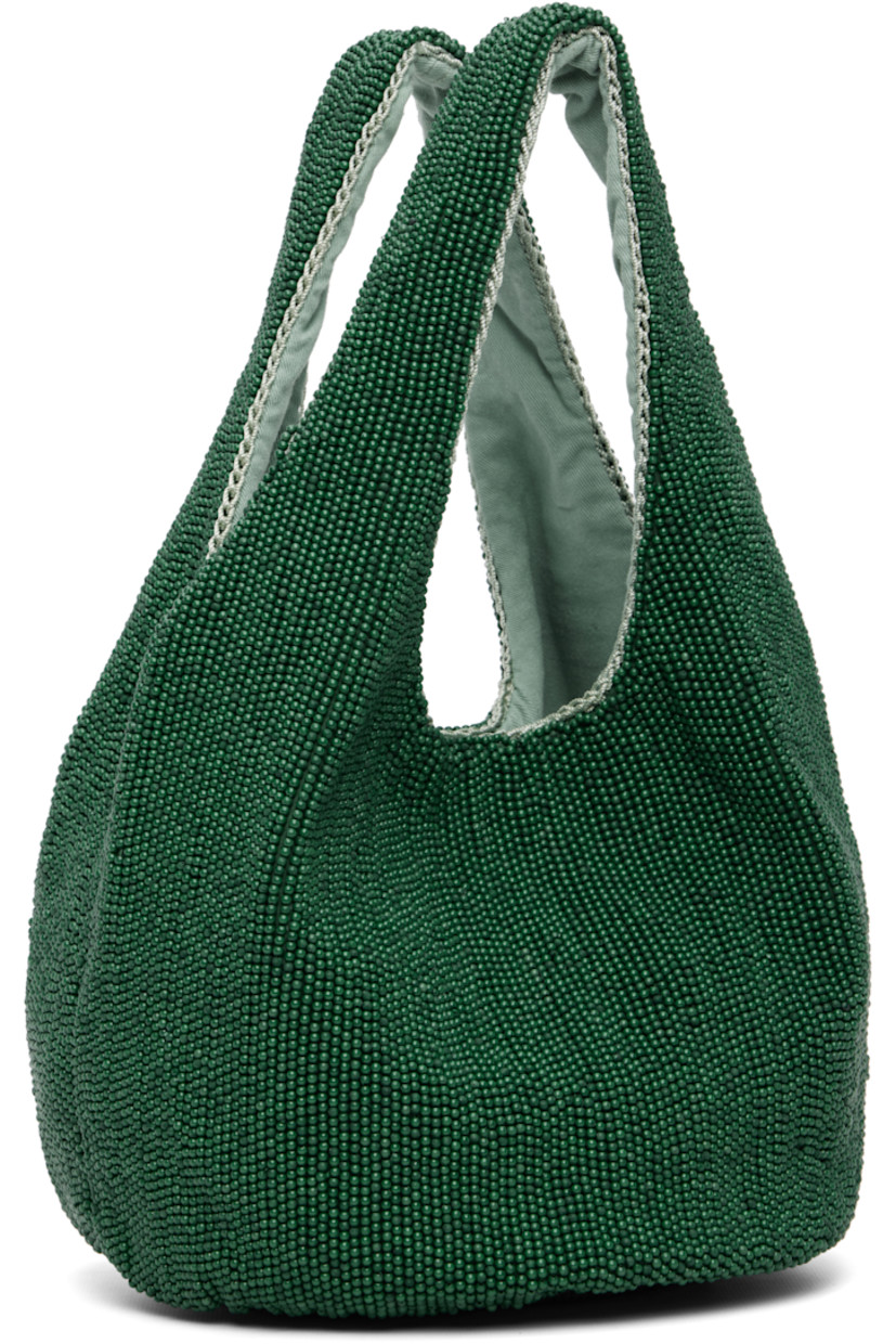 Beaded tote. 

· Integrated carry handles
· Magnetic press-stud closure 
· Cotton twill lining
· H7" x W12" x D8"

Supplier color: Green