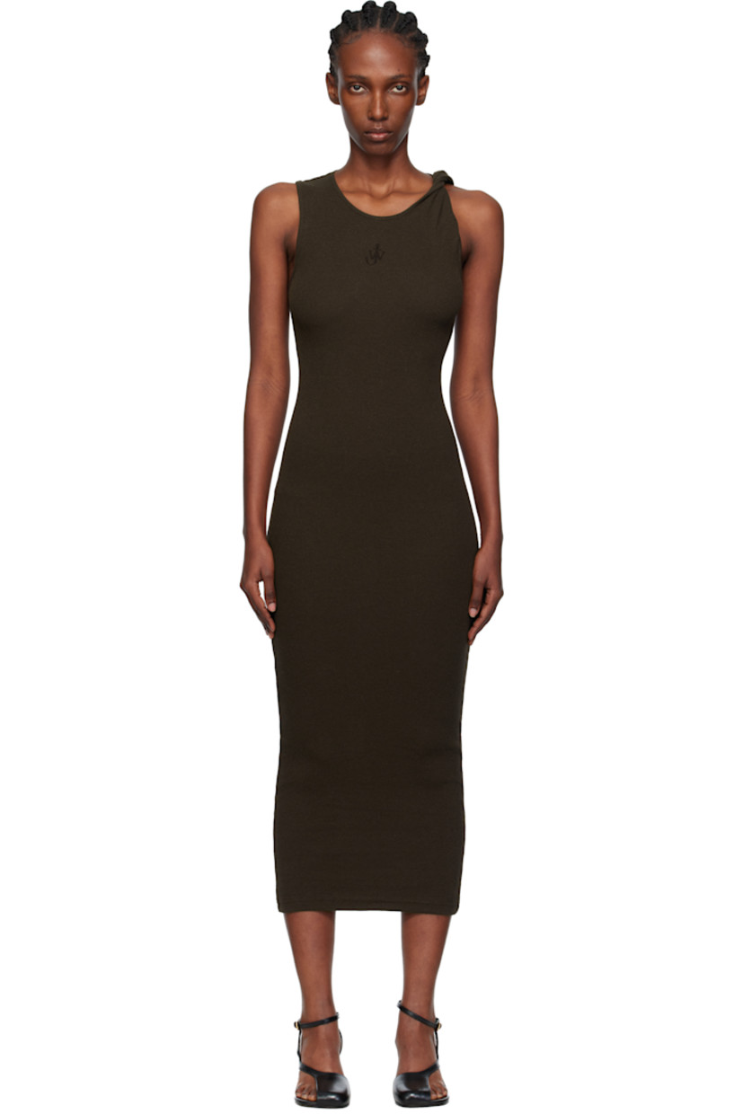 Rib-knit stretch cotton maxi dress.

· Crewneck
· Logo embroidered at chest
· Twisted detailing at shoulder

Supplier color: Dark brown melange