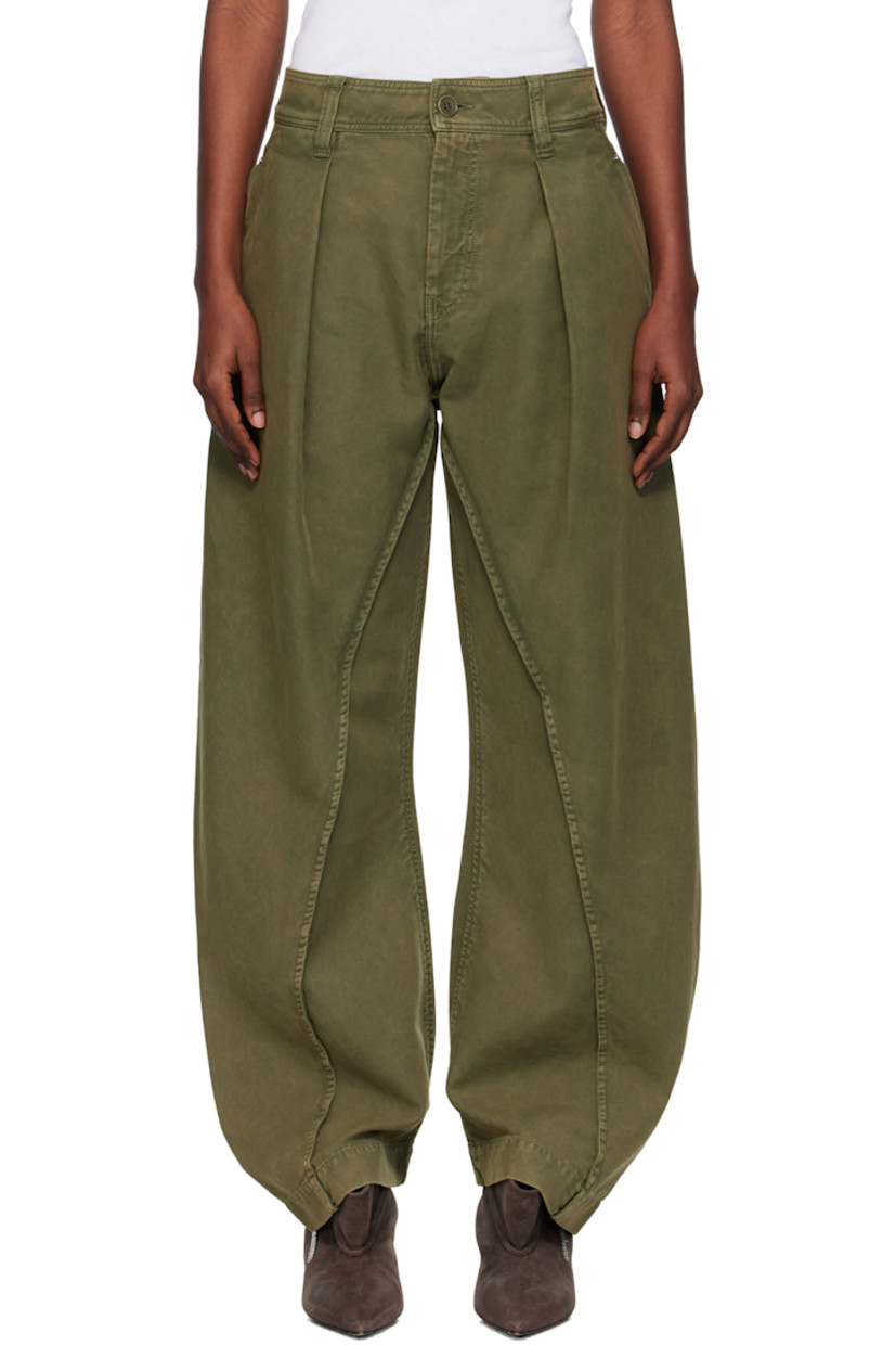 Cotton twill trousers.

· Belt loops
· Four-pocket styling
· Zip fly
· Pleats at front
· Twisted inseams and outseams
· Hammer loop at outseam
· Logo patch at back pocket

Supplier color: Olive
