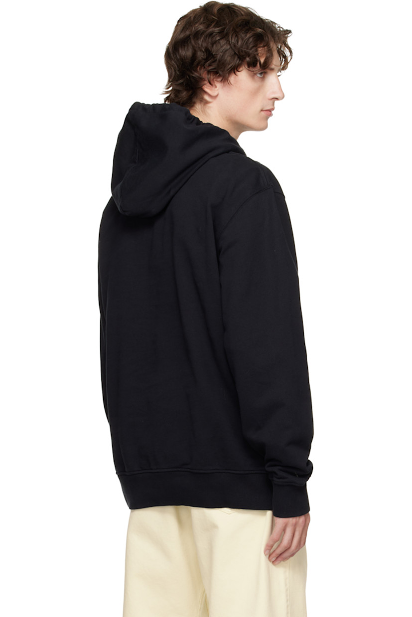 French terry hoodie. 

· Drawstring at hood
· Flocked logo at chest
· Kangaroo pocket at waist
· Rib-knit hem and cuffs
· Dropped shoulders

Supplier color: Black