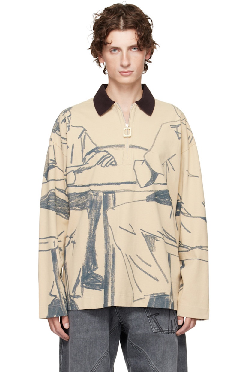 Cotton jersey polo.

· Graphics printed throughout 
· Rib-knit spread collar
· Half-zip closure
· Vented side seams
· Dropped shoulders
· Logo embroidered at back collar 

Supplier color: Nougat