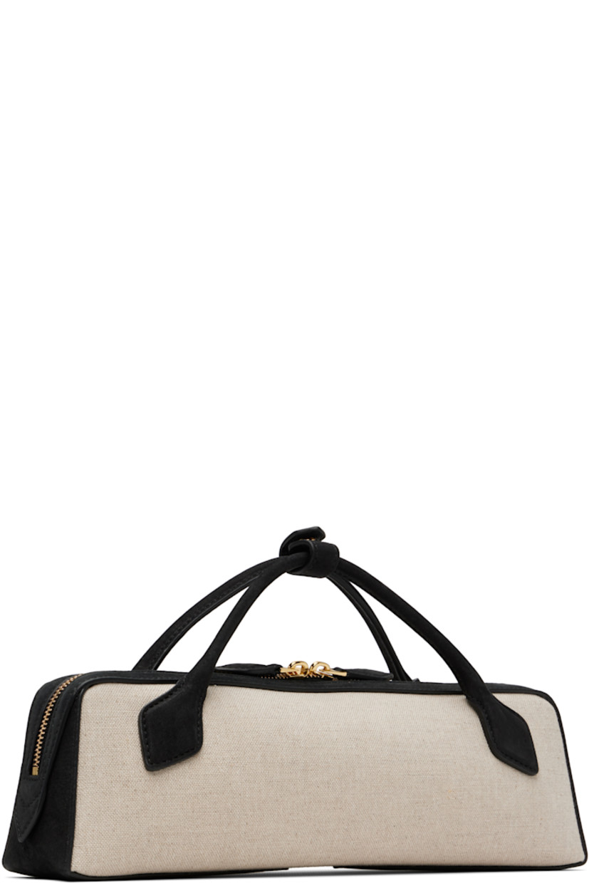 Linen-blend canvas and calfskin suede top handle bag.

· Press-stud tab at fixed rolled carry handles
· Detachable logo tag at handle base
· Logo stamp at face
· Two-way zip closure
· Card slot at interior 
· Suede lining
· Logo-engraved gold-tone hardware 
· H3.5" x W12" x D2.5" 

Supplier color: Noir
