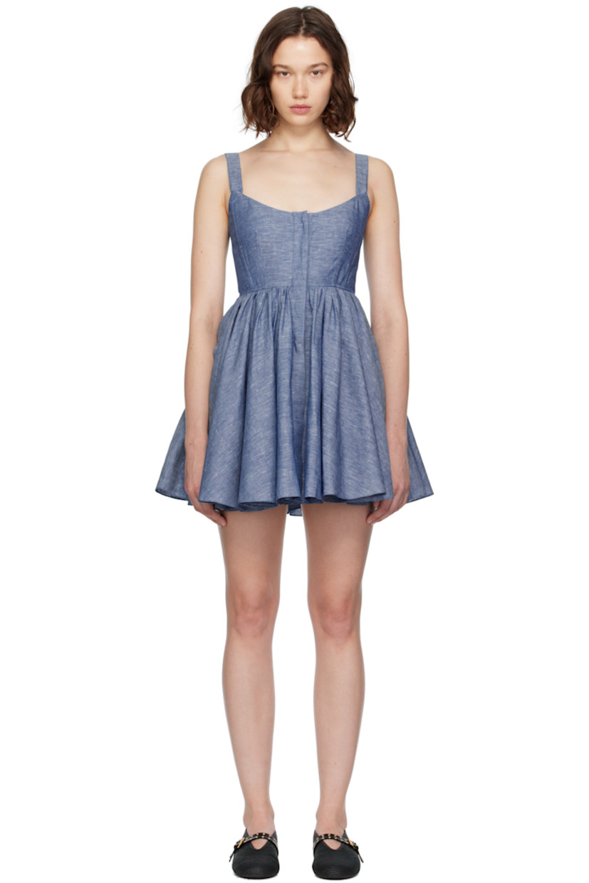 Cotton- and linen-blend chambray minidress.

· Scoop neck
· Concealed button closure
· Boning at bodice
· Gathering at waist
· Seam pockets
· Fully lined

Supplier color: Blue jeans