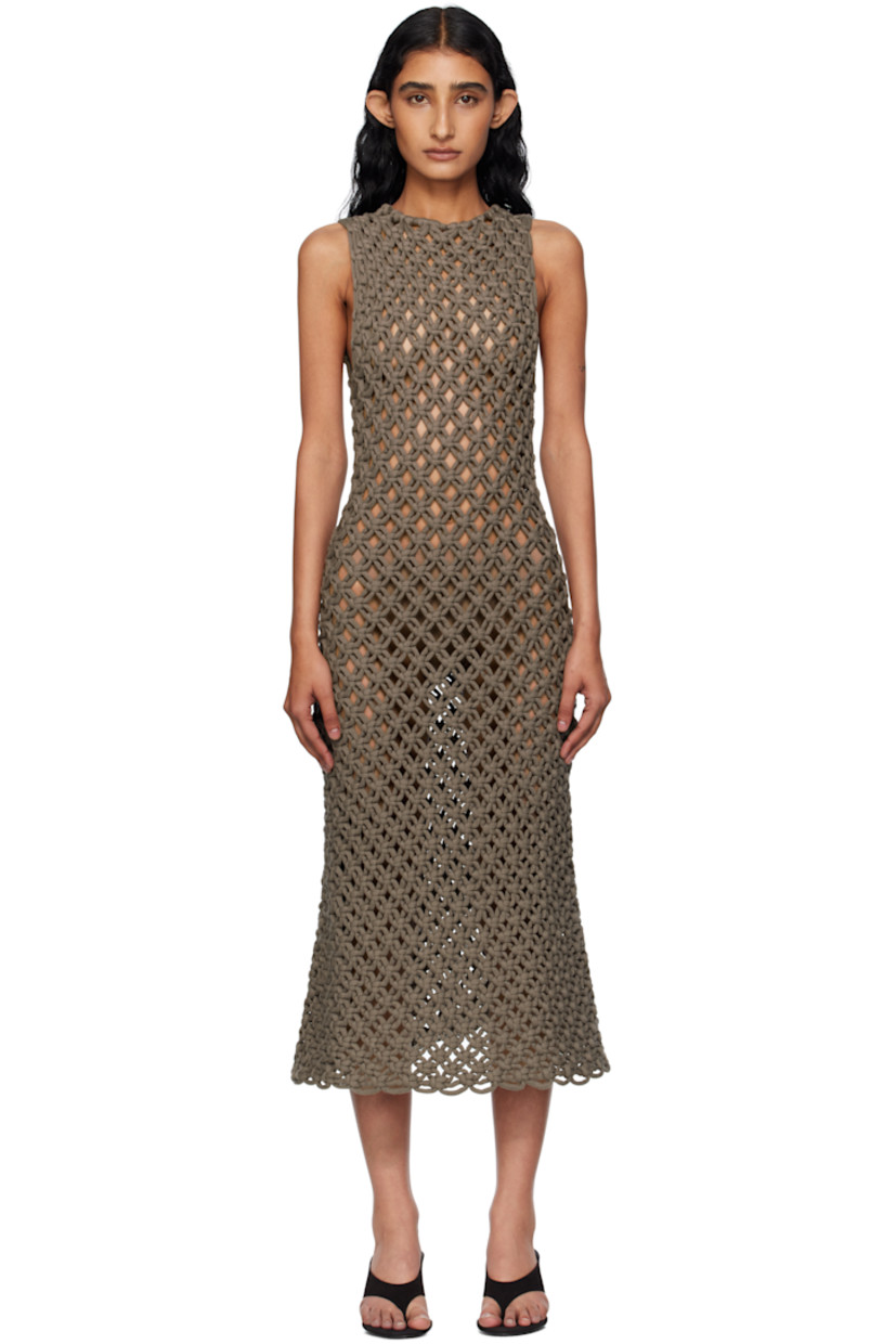 Sheer hand-knotted cotton-blend midi dress.

· Round neck
· Unlined

Supplier color: Taupe