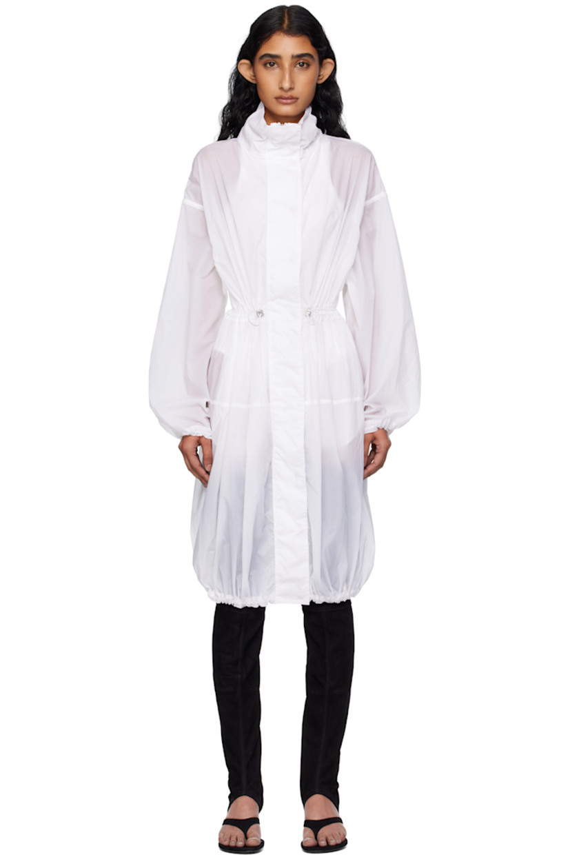 Semi-sheer nylon taffeta parka.

· Stand collar
· Two-way zip closure with press-stud placket
· Bungee-style drawstring at waist and hem
· Seam pockets
· Dropped shoulders
· Elasticized cuffs

Supplier color: White