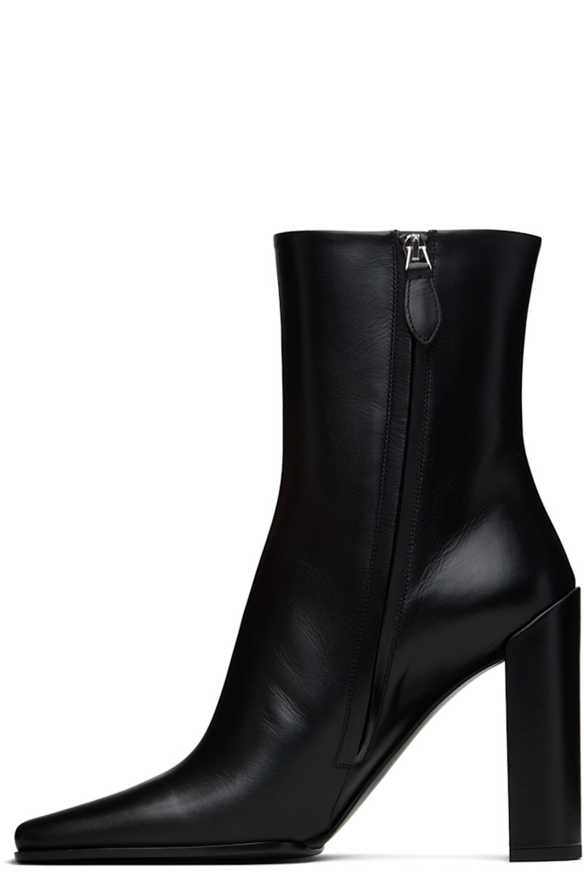 Ankle-high buffed calfskin boots. 

· Square toe
· Zip closure at inner side
· Buffed leather lining
· Covered block heel with rubber injection
· Leather sole with rubber injection
· Heel: H4"

Supplier color: Noir