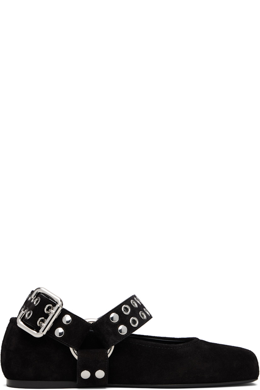 Calfskin suede ballerina flats in black. 

· Square toe 
· Harness-style pin-buckle strap at vamp and heel 
· Grommets at straps
· Logo patch at padded lambskin footbed
· Buffed calfskin lining
· Calfskin sole with rubber injection 
· Silver-tone hardware

Supplier color: Black