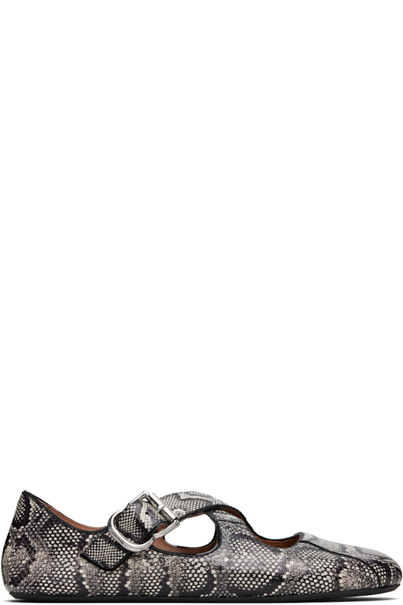 Snake-embossed leather ballerina flats. 

· Partially elasticized crisscrossing straps at vamp
· Pin-buckle fastening
· Buffed leather lining
· Rubber sole

Supplier color: Blanc/Noir