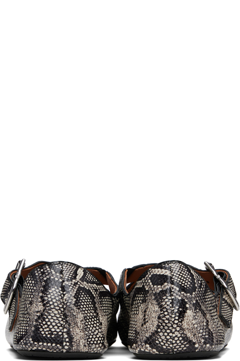 Snake-embossed leather ballerina flats. 

· Partially elasticized crisscrossing straps at vamp
· Pin-buckle fastening
· Buffed leather lining
· Rubber sole

Supplier color: Blanc/Noir