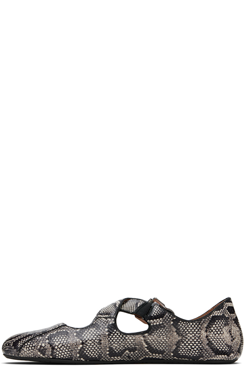 Snake-embossed leather ballerina flats. 

· Partially elasticized crisscrossing straps at vamp
· Pin-buckle fastening
· Buffed leather lining
· Rubber sole

Supplier color: Blanc/Noir