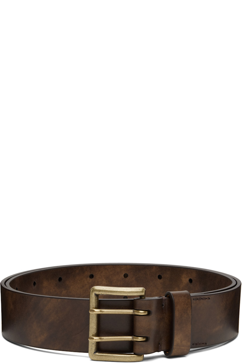 Buffed calfskin belt.

· Distressing throughout
· Pin-buckle fastening
· Brass-tone hardware
· W1.5"

Supplier color: Brown