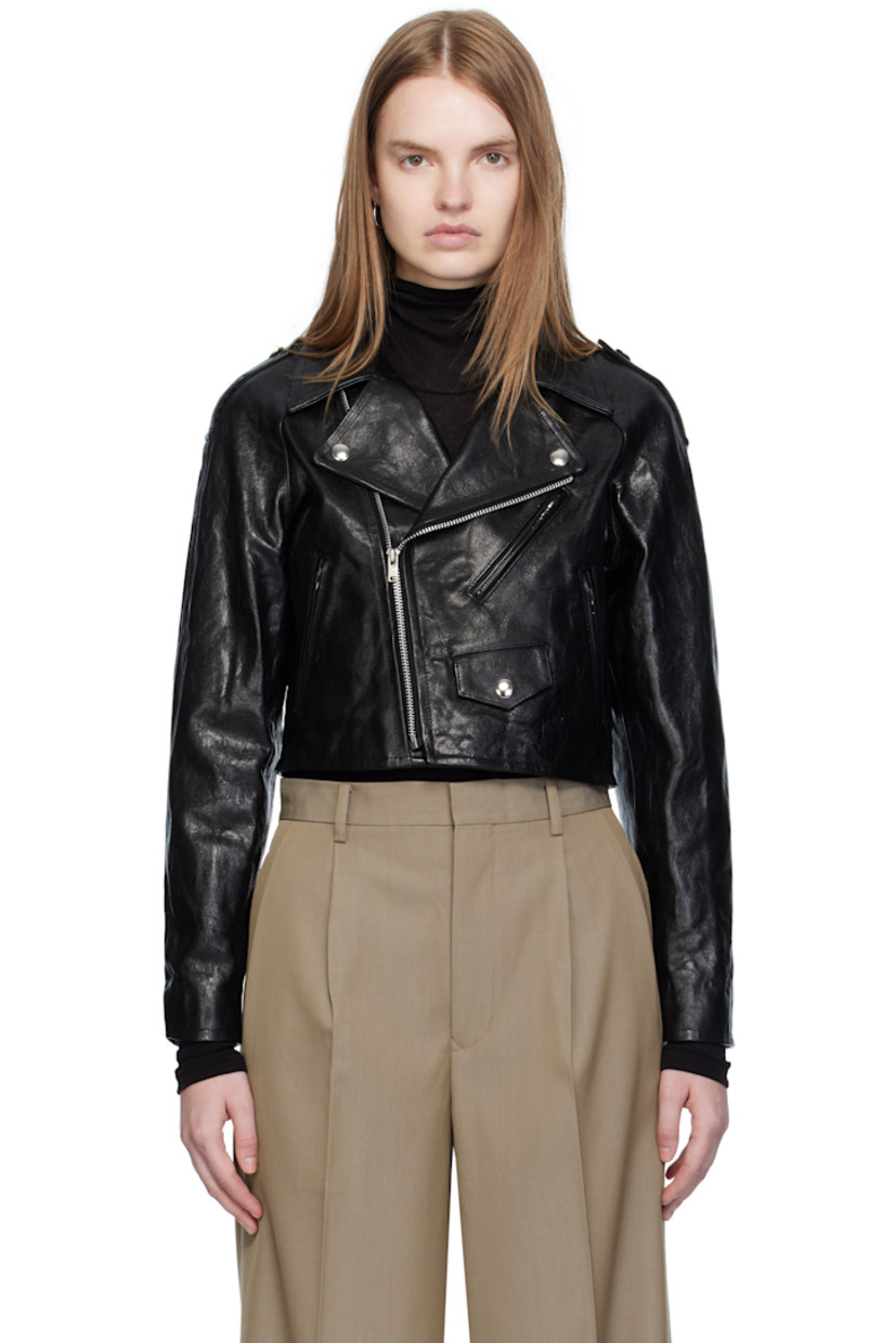 Grained lambskin jacket.

· Notched lapel
· Offset zip closure
· Coin pocket and zip pockets at front
· Cropped hem
· Raglan sleeves
· Epaulets
· Zip expansion panel at cuffs
· Full quilted satin lining
· Silver-tone hardware

Supplier color: Black