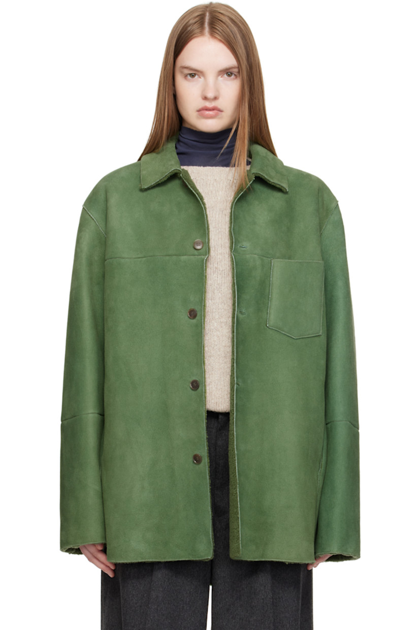 Paneled lambskin suede jacket.

· Exposed seams throughout
· Spread collar
· Button closure
· Patch pocket at chest
· Seam pockets at waist
· Shearling interior

Supplier color: Dusty green