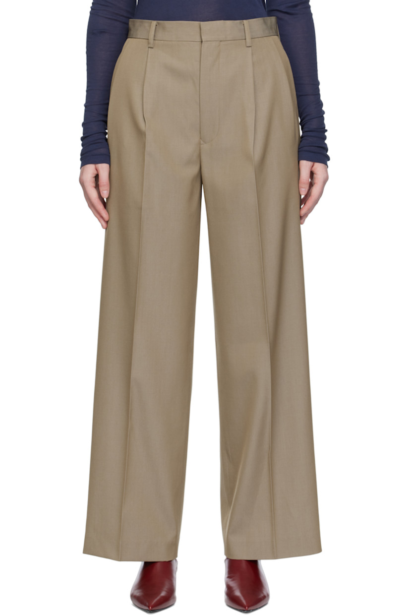 Lightweight wool gabardine trousers.

· Wide-leg
· Belt loops
· Four-pocket styling
· Zip fly
· Pleats at front
· Creased legs

Supplier color: Khaki chambray