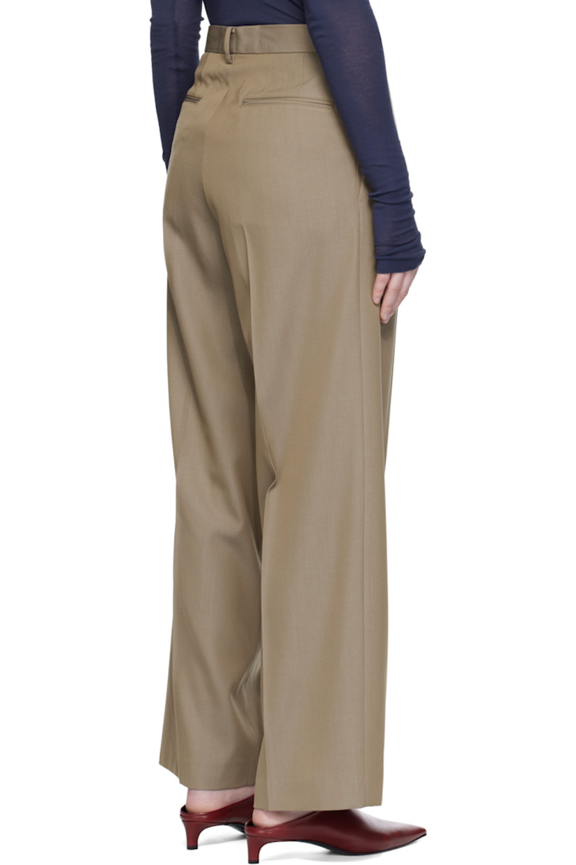 Lightweight wool gabardine trousers.

· Wide-leg
· Belt loops
· Four-pocket styling
· Zip fly
· Pleats at front
· Creased legs

Supplier color: Khaki chambray