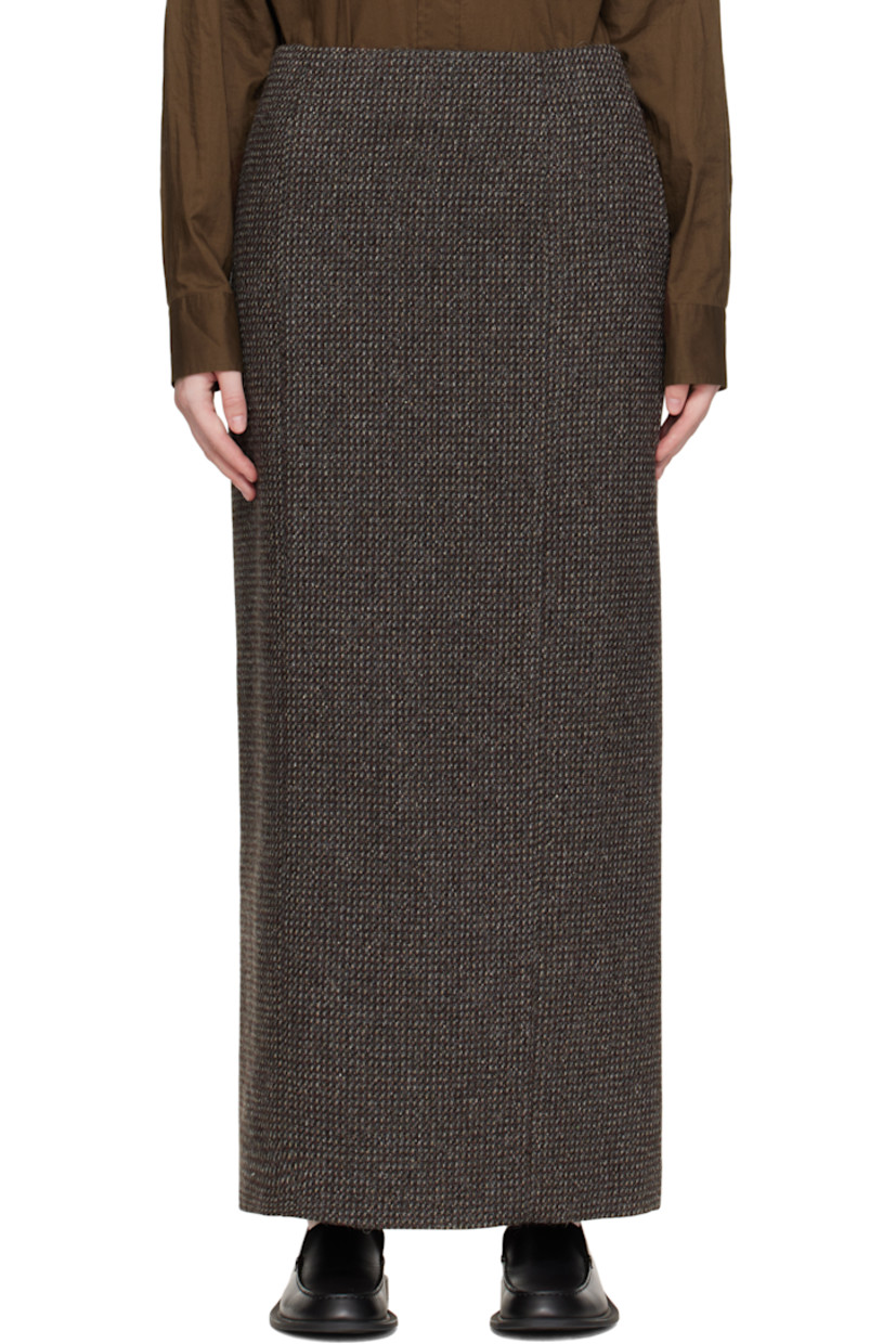 Lightweight wool- and alpaca-blend tweed maxi skirt.

· Paneled construction
· Two-pocket styling
· Zip closure at back waist
· Central vent at back hem
· Full satin lining
· Silver-tone hardware

Supplier color: Gray brown hairline
