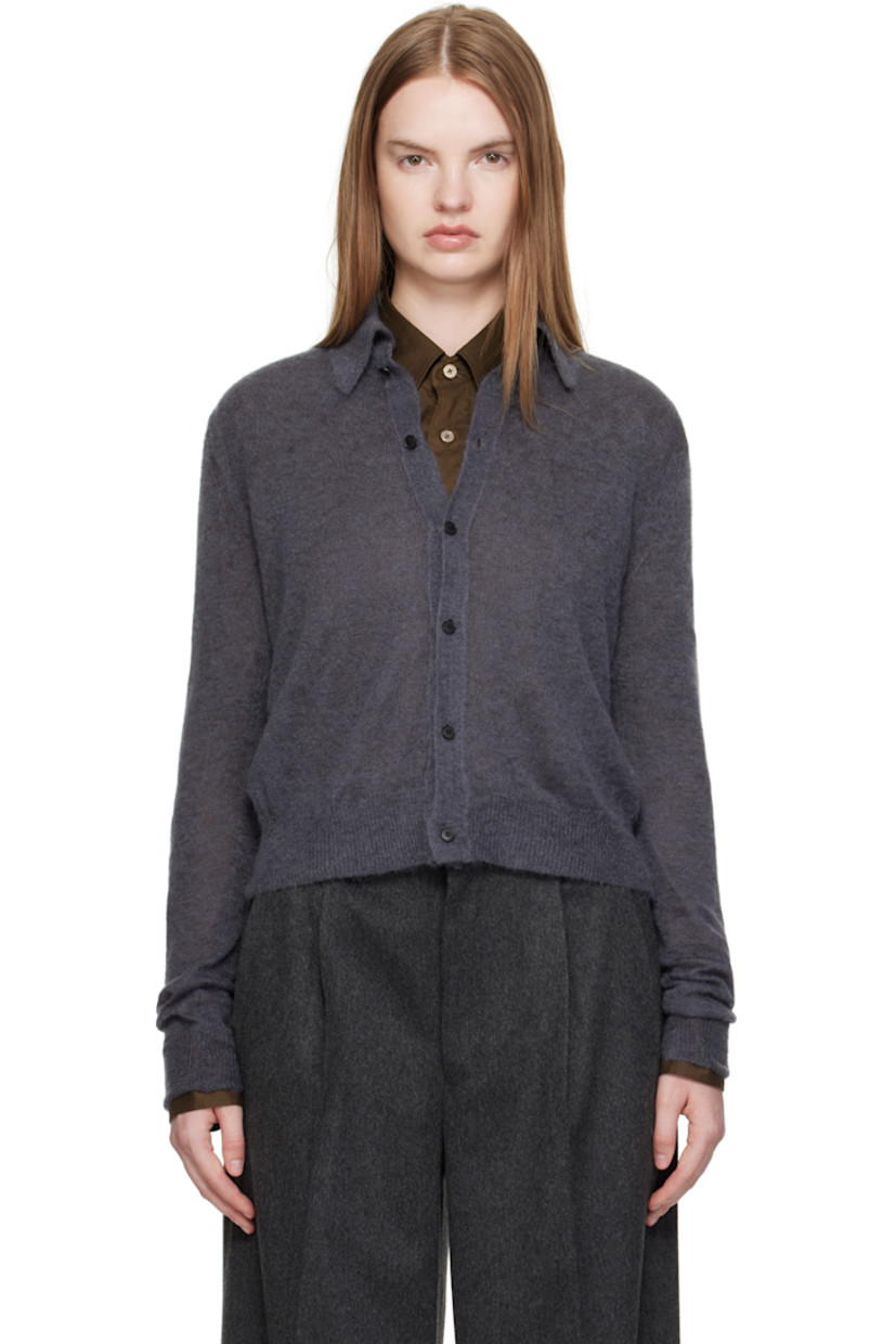 Brushed knit kid mohair-blend cardigan.

· Semi-sheer and lightweight
· Spread collar
· Button closure
· Rib-knit hem and cuffs

Supplier color: Top charcoal