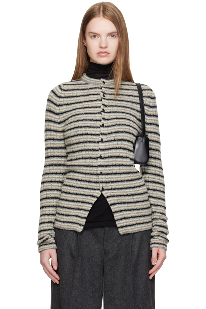Brushed rib-knit Shetland wool- and cashmere-blend cardigan.

· Crewneck
· Button closure

Supplier color: Gray stripe