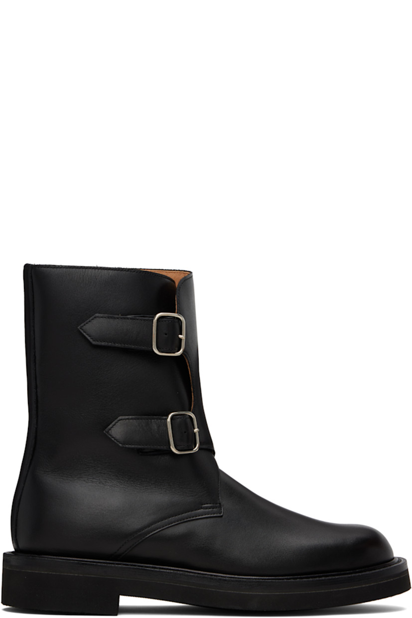 Mid-calf buffed calfskin boots.

· Pin-buckle tabs at outer side 
· Buffed calfskin lining
· Textured rubber sole 

Supplier color: Black