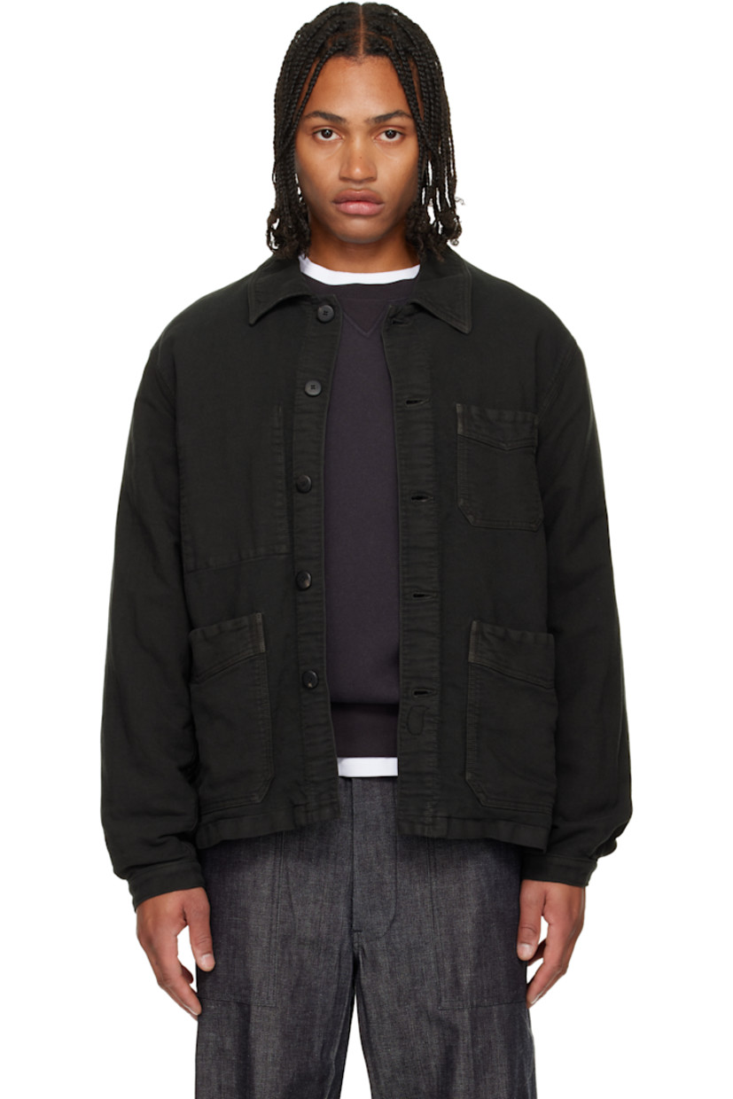 Wool- and linen-blend moleskin jacket. 

· Garment-dyed 
· Subtle fading throughout 
· Spread collar 
· Button closure 
· Patch pockets at front 
· Dropped shoulders
· Buttoned barrel cuffs
· Full satin lining 

Supplier color: Black