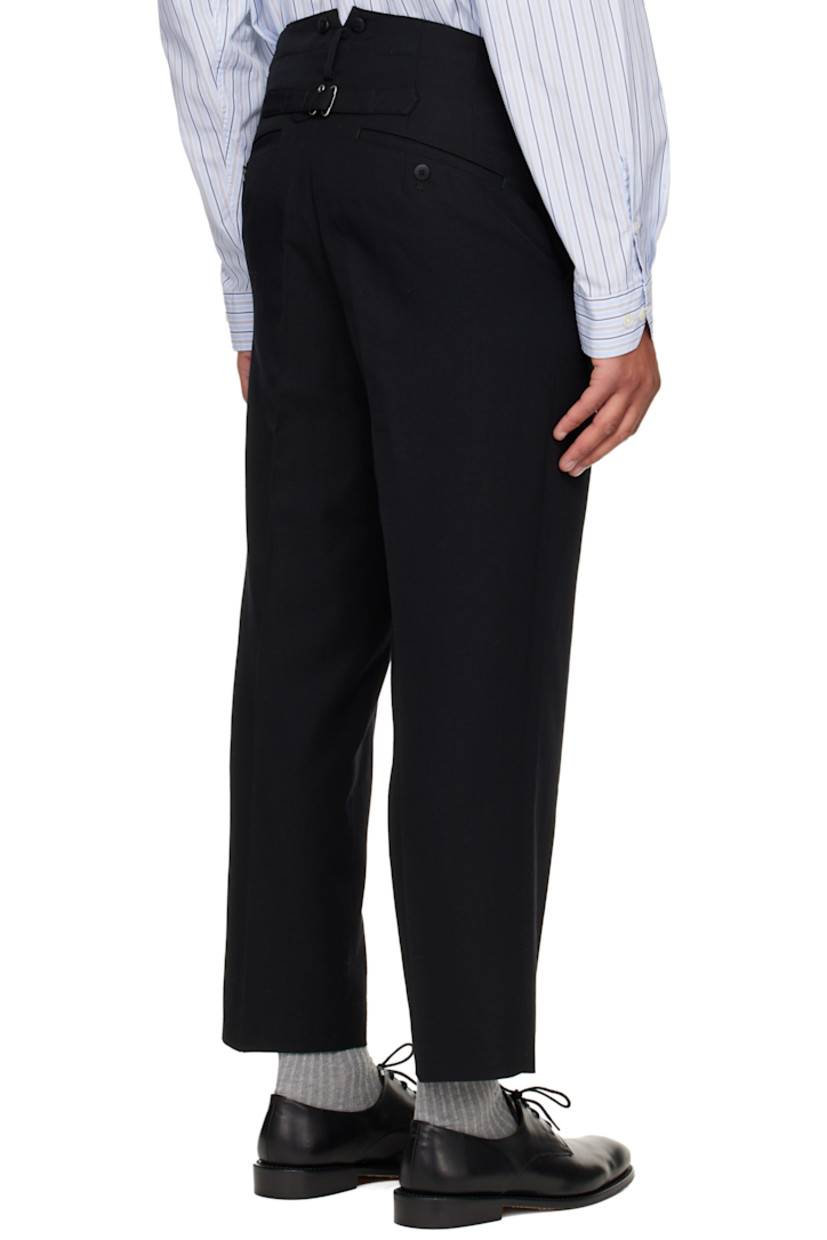 Wool-blend twill trousers.

· Belt loops
· Four-pocket styling
· Button fly
· Creased legs
· Cinch strap at back
· Partial satin lining

Supplier color: Black