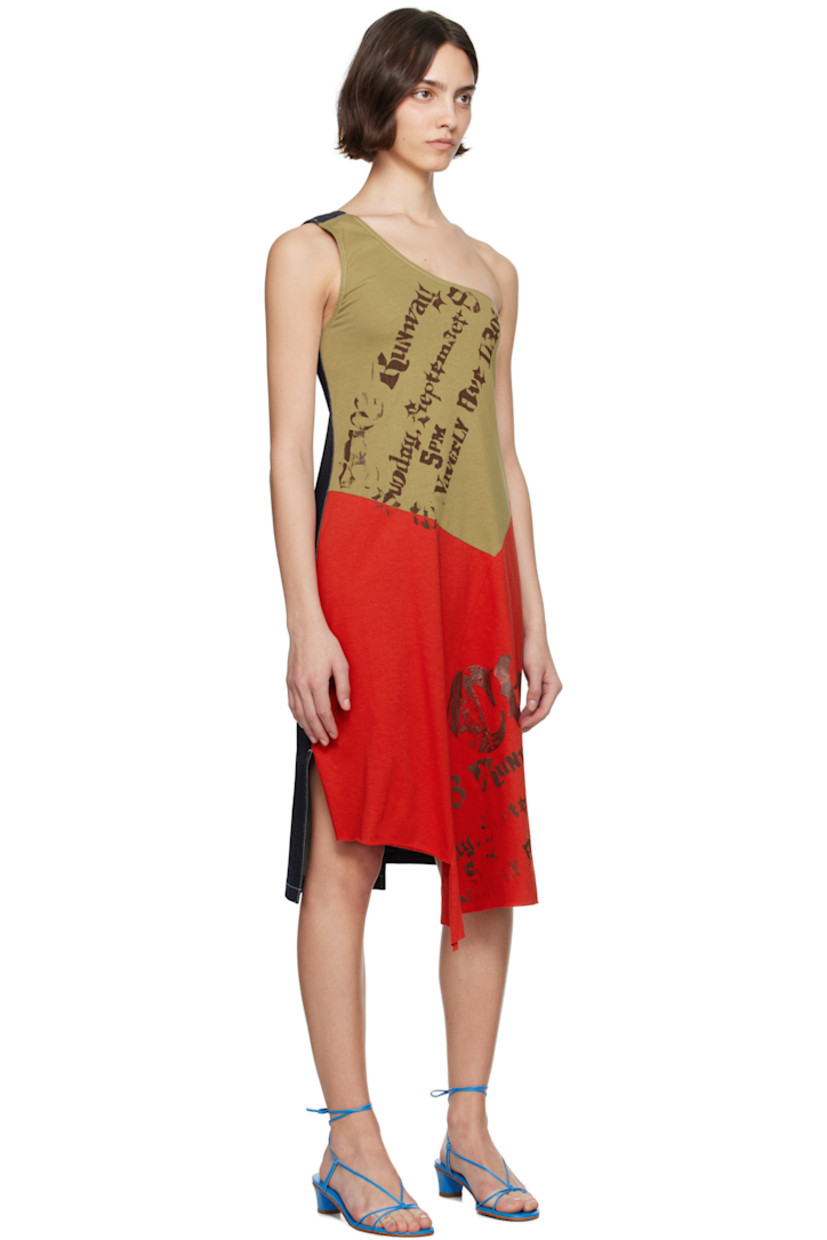 Cotton jersey and non-stretch denim midi dress. 

· Paneled and single-shoulder construction 
· Texts printed at front 
· Asymmetrical hem 
· Vented side seams
· Concealed zip closure at back 
· Central vent at back hem 
· Contrast stitching in white 

Supplier color: Zine
