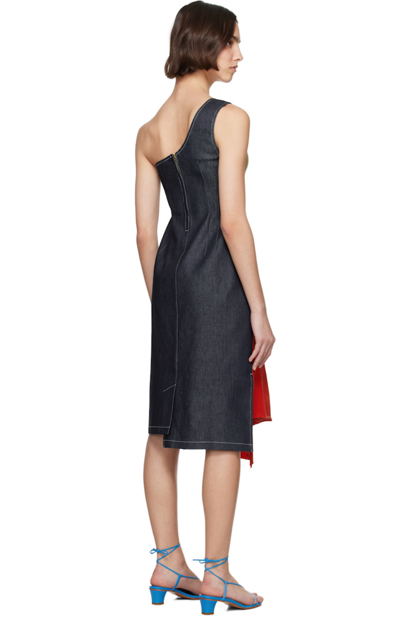 Cotton jersey and non-stretch denim midi dress. 

· Paneled and single-shoulder construction 
· Texts printed at front 
· Asymmetrical hem 
· Vented side seams
· Concealed zip closure at back 
· Central vent at back hem 
· Contrast stitching in white 

Supplier color: Zine