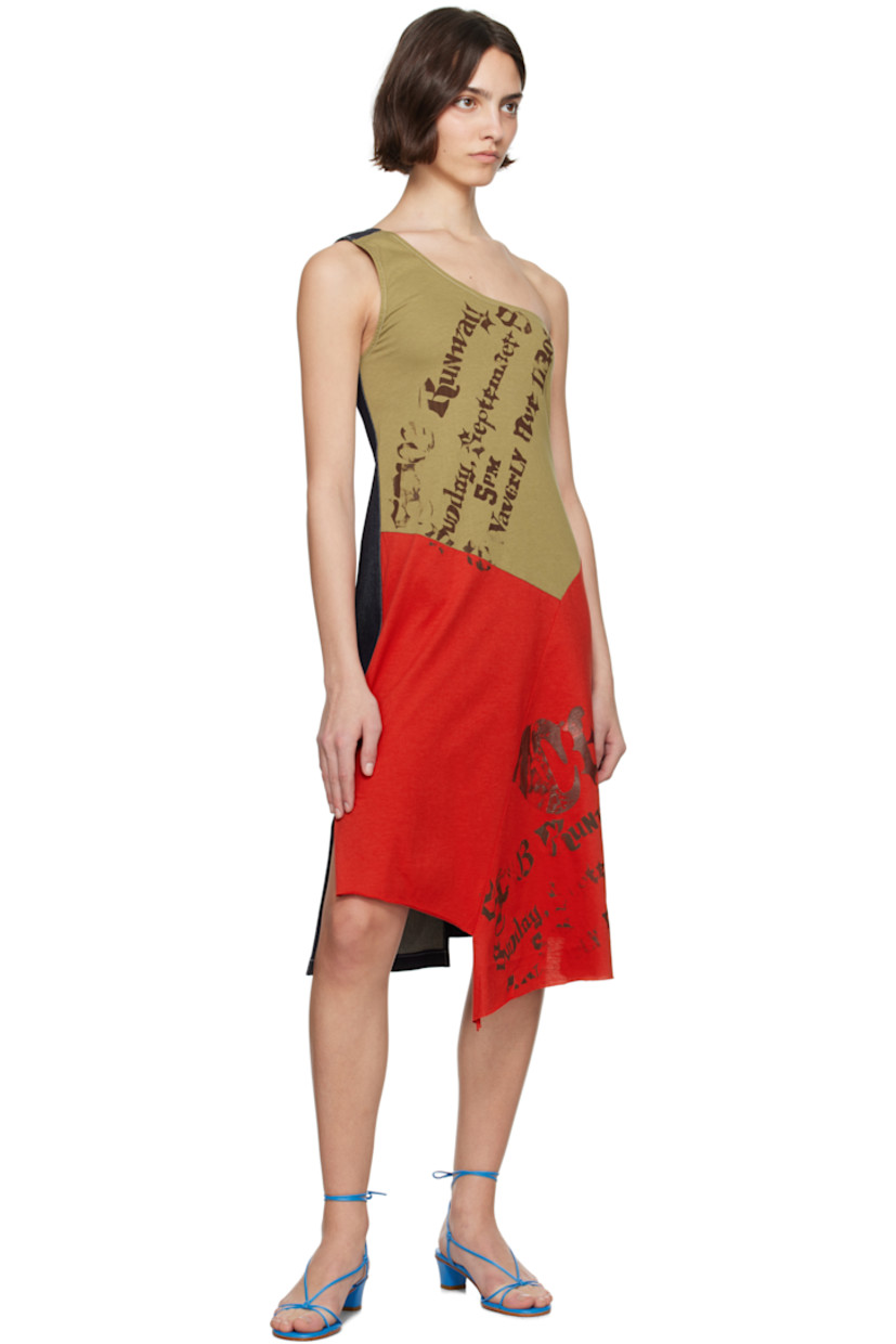 Cotton jersey and non-stretch denim midi dress. 

· Paneled and single-shoulder construction 
· Texts printed at front 
· Asymmetrical hem 
· Vented side seams
· Concealed zip closure at back 
· Central vent at back hem 
· Contrast stitching in white 

Supplier color: Zine