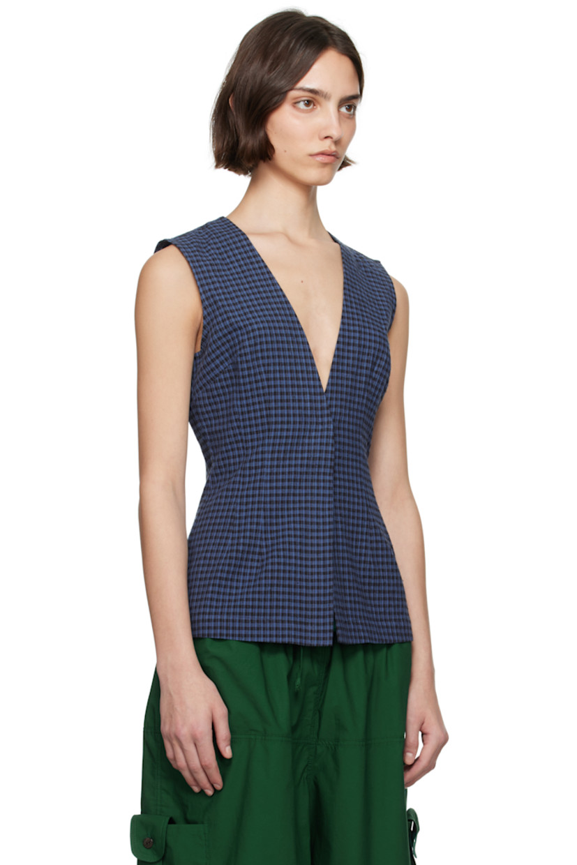 Cotton- and linen-blend hopsack top. Check pattern throughout. 

· Plunging V-neck
· Press-stud closure and darts at front 

Supplier color: Basin