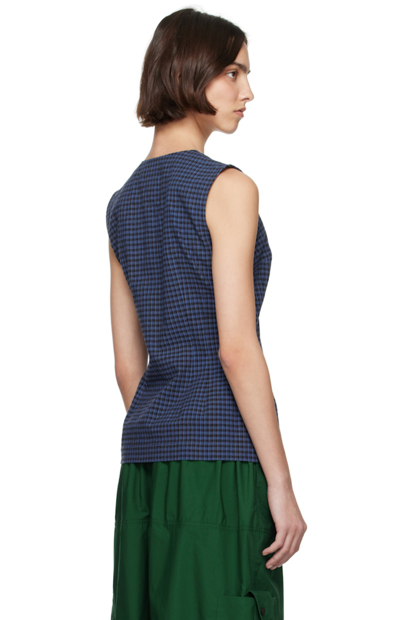 Cotton- and linen-blend hopsack top. Check pattern throughout. 

· Plunging V-neck
· Press-stud closure and darts at front 

Supplier color: Basin