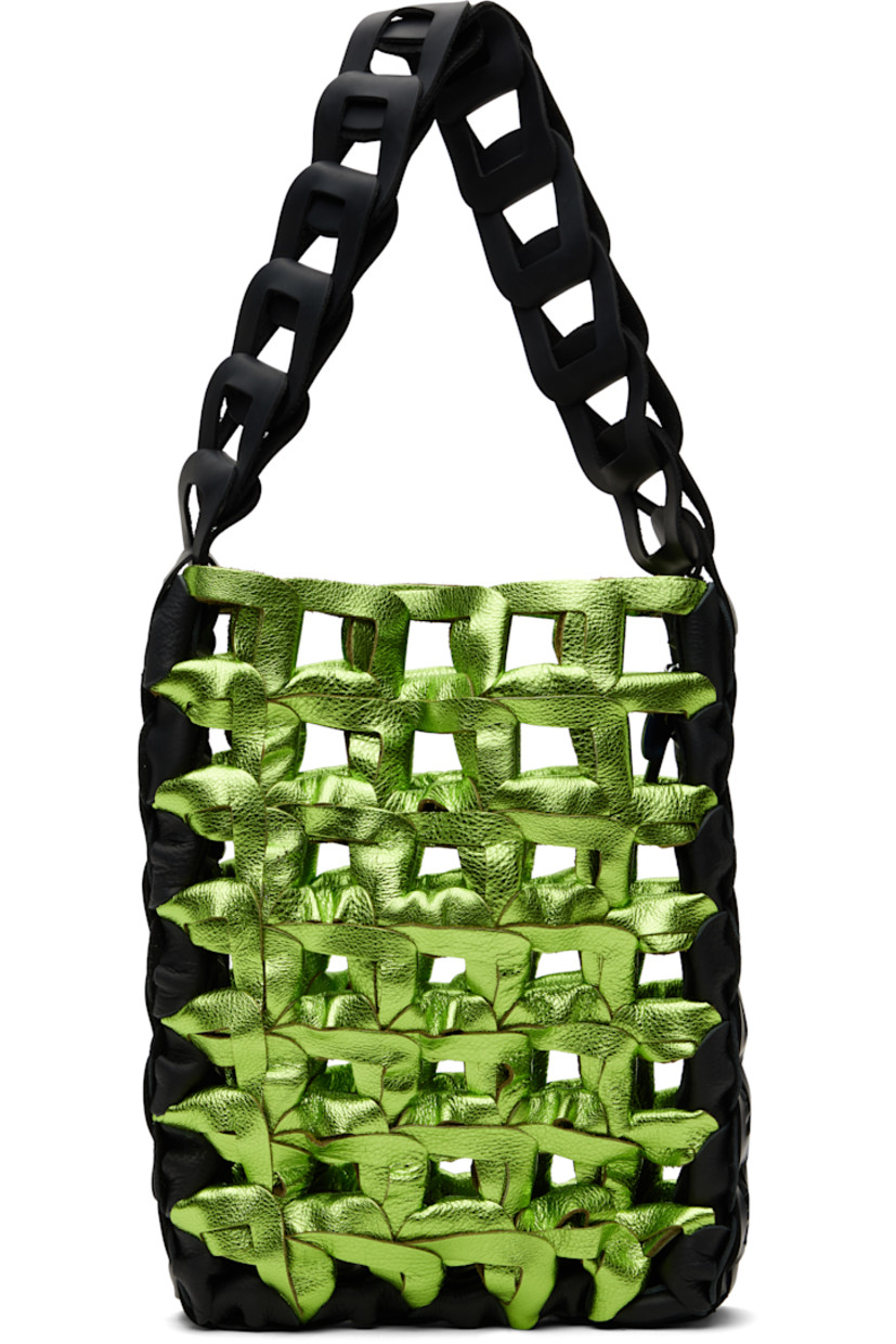 Handcrafted woven grained calfskin tote in black and green.

· Fixed shoulder strap
· Open throat
· Logo charms at interior
· H13" x W9.5" x D2"

Each item is unique. Please note finishings may vary.

Available exclusively at SSENSE.

Supplier color: Halycon/Black