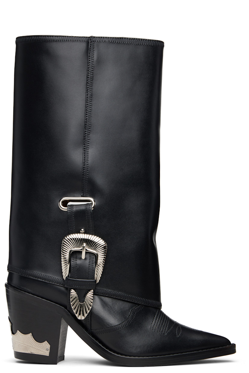 Knee-high buffed leather boots.

· Graphic hardware throughout
· Pointed toe
· Embroidered detailing at vamp
· Pin-buckle strap at outer side
· Engraved plaque at heel
· Stacked leather heel with rubber injection
· Leather sole
· Heel: H3"

Supplier color: Black